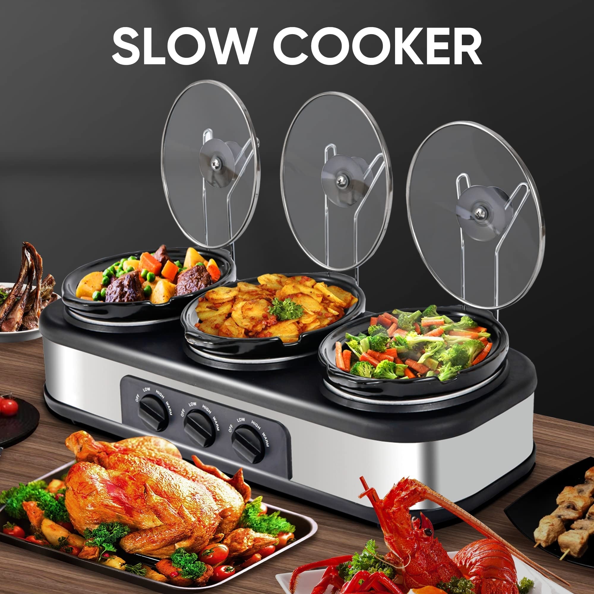 Slow Cooker, Triple Slow Cooker Buffet Server 3 Pot Food Warmer, 3-Section  1.5-Quart Oval Slow Cooker Buffet Food Warmer Adjustable Temp Lid Rests