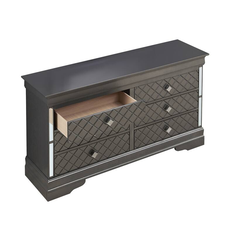 Embossed 6-Drawer Wooden Dresser - 59" - Metallic Black