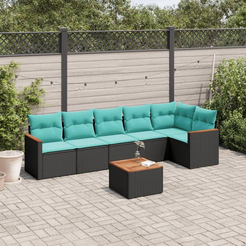 vidaXL Patio Sofa Set with Cushions Outdoor Conversation Furniture Poly Rattan - 24.4x 24.4x 27.2 - Black and Blue-With table