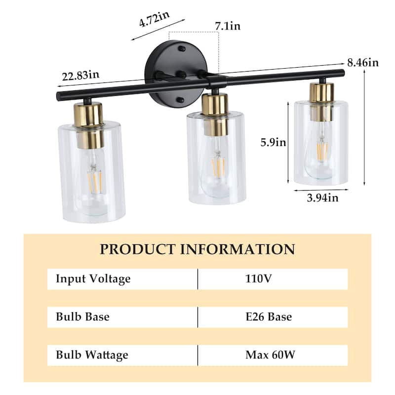 Modern 3-Light Dimmable Bathroom Vanity Lights, Industrial Wall Sconces, Modern Wall Lights - W22.83"x H8.46"