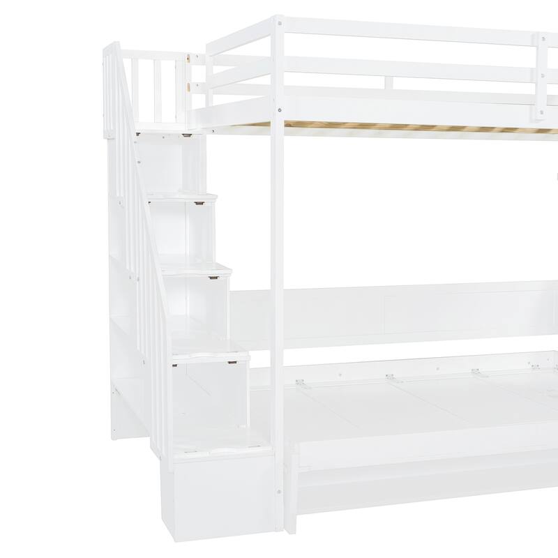 Full Size Convertible Murphy Bunk Bed with Hydraulic Lift, Built-in Desk & Storage Staircase, Space-Saving Wall Bed
