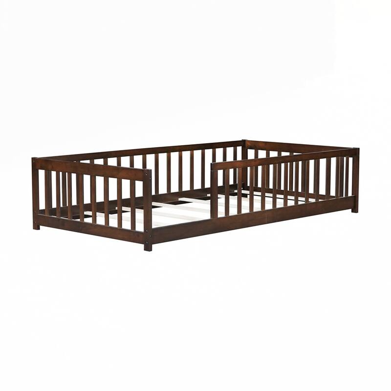 Rubber Wood Floor Bed with Fence without Door