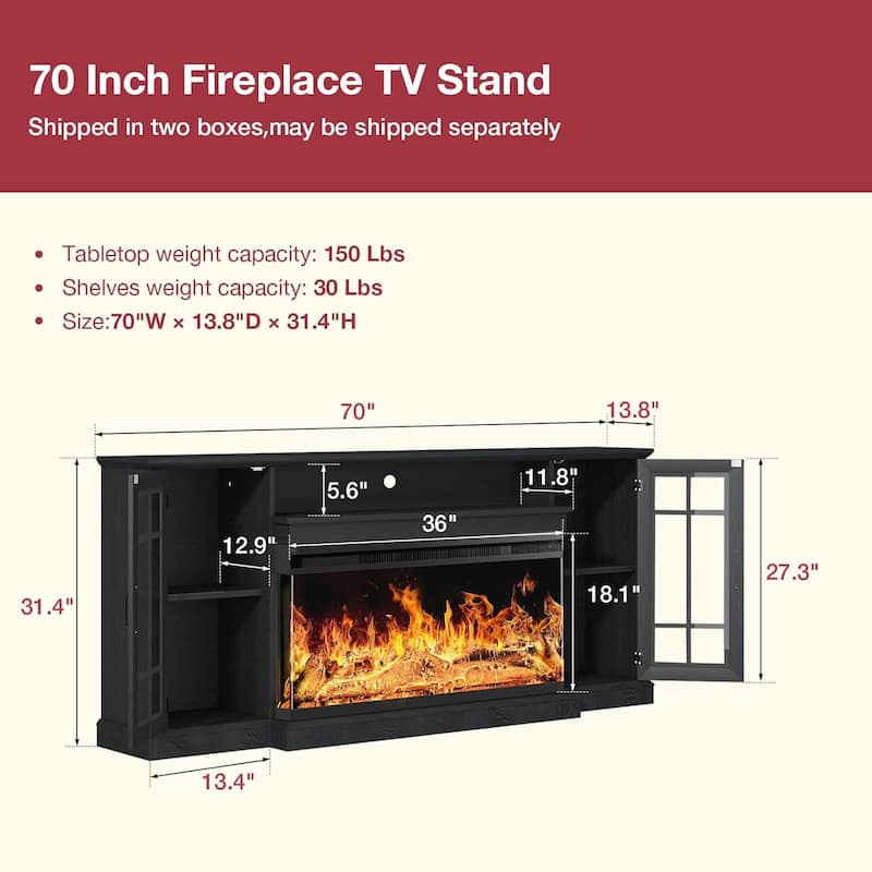 36 Inch 3-Sided Glass Fireplace TV Stand for TVs up to 80"