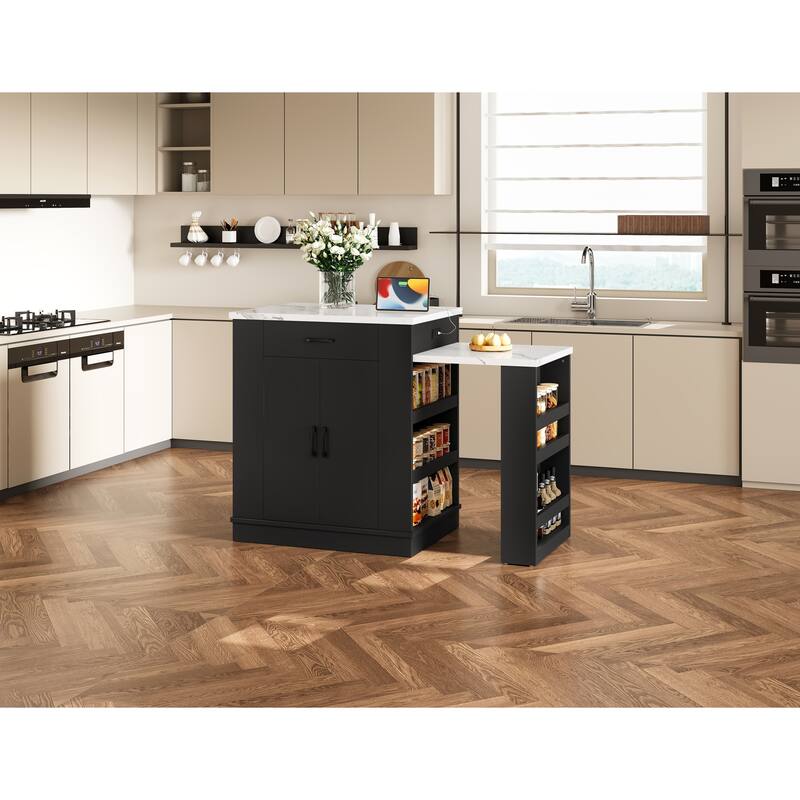 Kitchen Island with Dining Table for Extends to 47.7", Island Console with Double-Door Cabinet, 2 Drawers & 2 Open Shelves