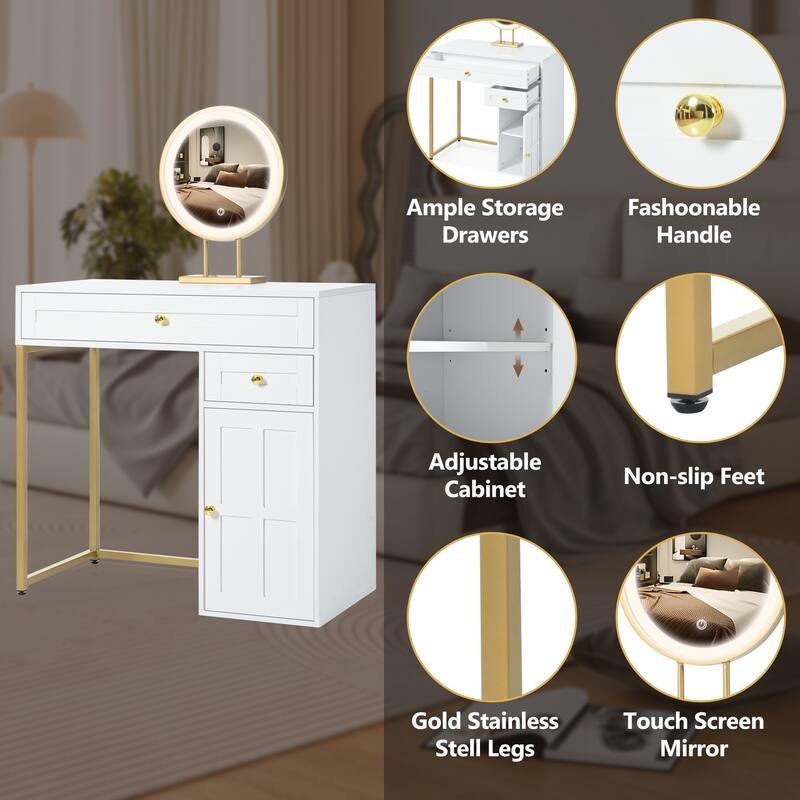 31.5" Makeup Vanity Desk with Lighted Mirror, Dressing Table with 2 Drawers and 1 Cabinet