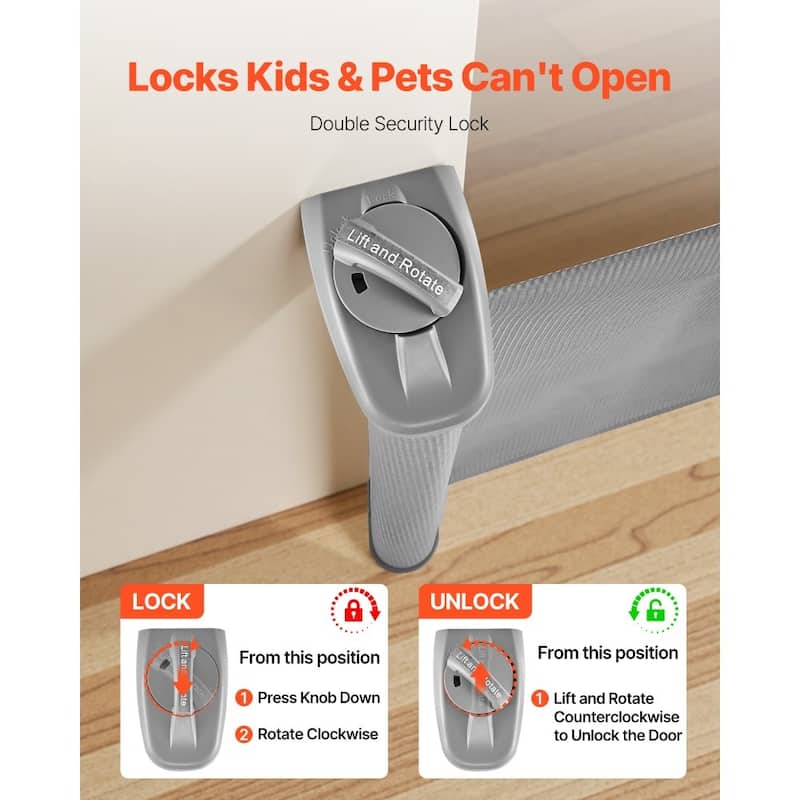 Retractable Baby Gate with Escape-Proof Bottom Hook and Mesh Design for Kids and Pets Safety