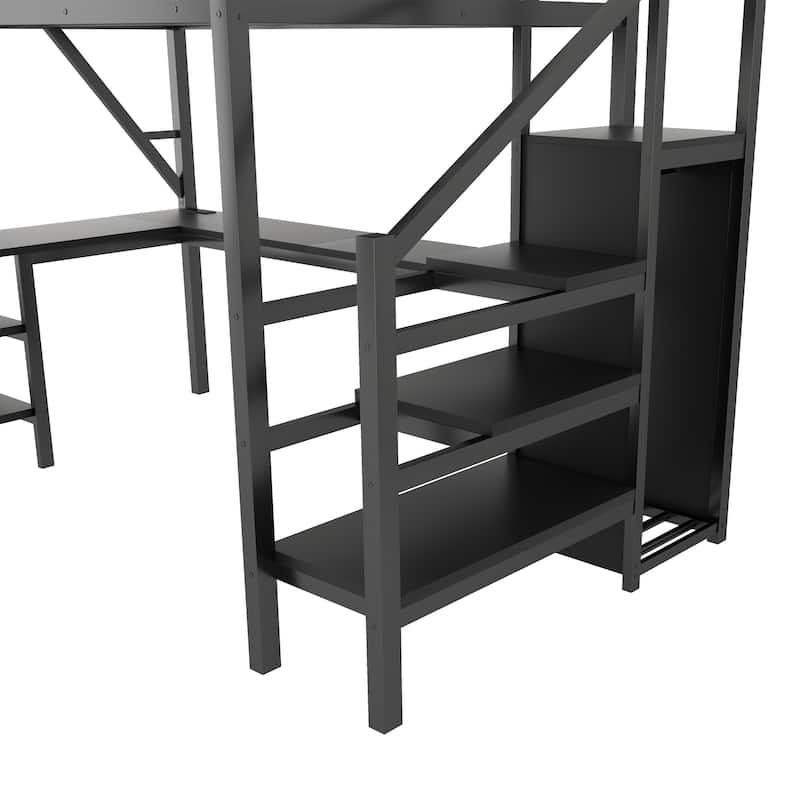 Metal Full Loft Bed with Wardrobe and LED Light, Full Size Loft Bed with L Shaped Desk and USB for Kids Teens Adults