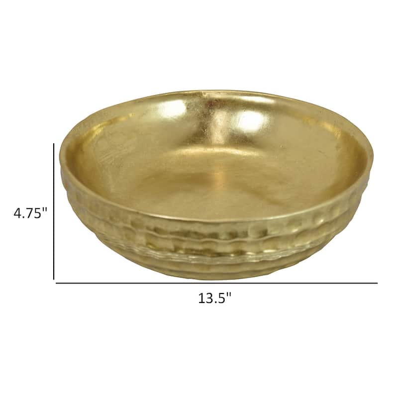 Round Tray with Hammered Accents, Vintage Details, 14 Inch Gold Resin