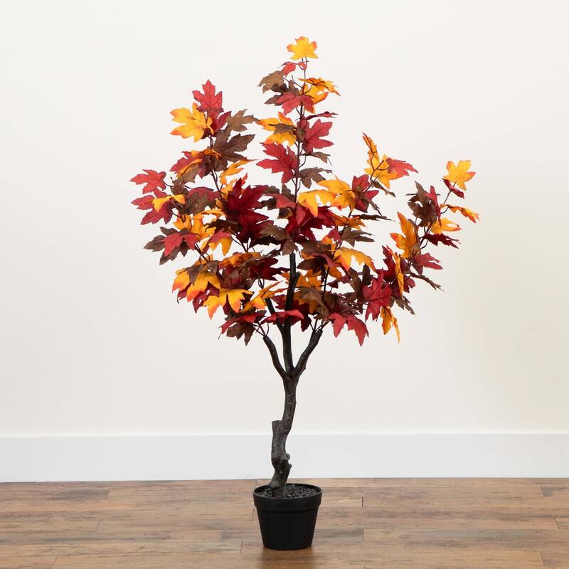 Smoky Maple Artificial Potted Tree - 4.25' - Orange and Red