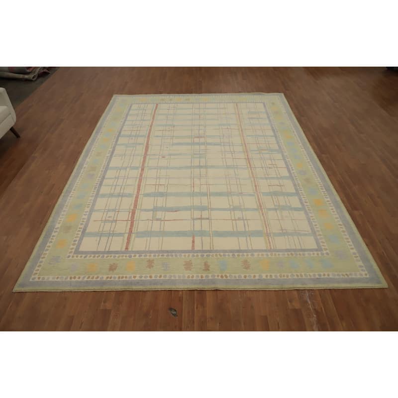 Hand Knotted Oriental 100% Wool Carpet Modern Geometric Beige & Ivories Gabbeh Area Rug - 12' 0'' X 9' 3''
