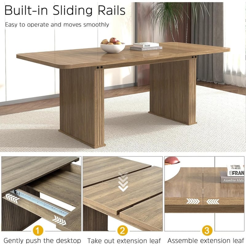 Rounded stripes Extendable Dining Table for 6-10 People, Wood Table with Double Robust Pedestal, Conference Meeting Table