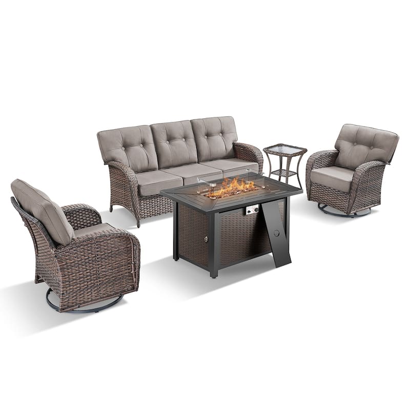 TWrap Wicker Patio Iron Fire Pit Conversation Set with 3-Seat Sofa & Swivel Gliders