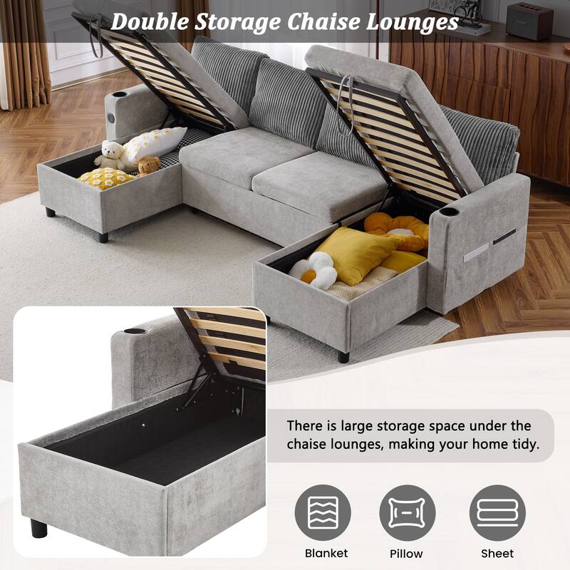 Multifunctional Sectional Sofa Bed with Pull-Out Sleeper, Dual Storage Chaises, USB Ports and Cup Holders for Living Room