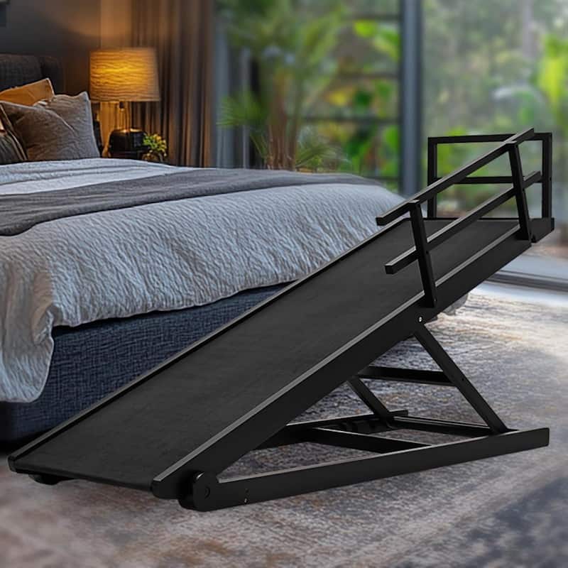 DoCred Folding Non-Slip Rubber Mat Wooden Dog Ramp For High Bed - 45.2"L x 17.7"W x 23.6"H - Black-BK