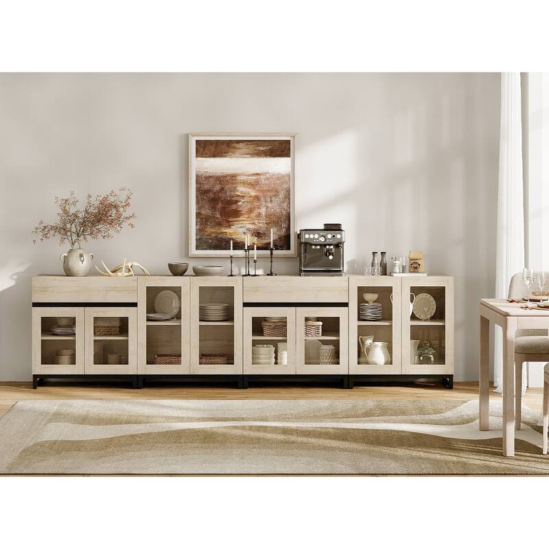 4-in-1 Multifunctional Sideboard Buffet with Glass Doors, 2 Drawers & Metal Base, Modern Coffee Bar Cabinet for Kitchen Storage.
