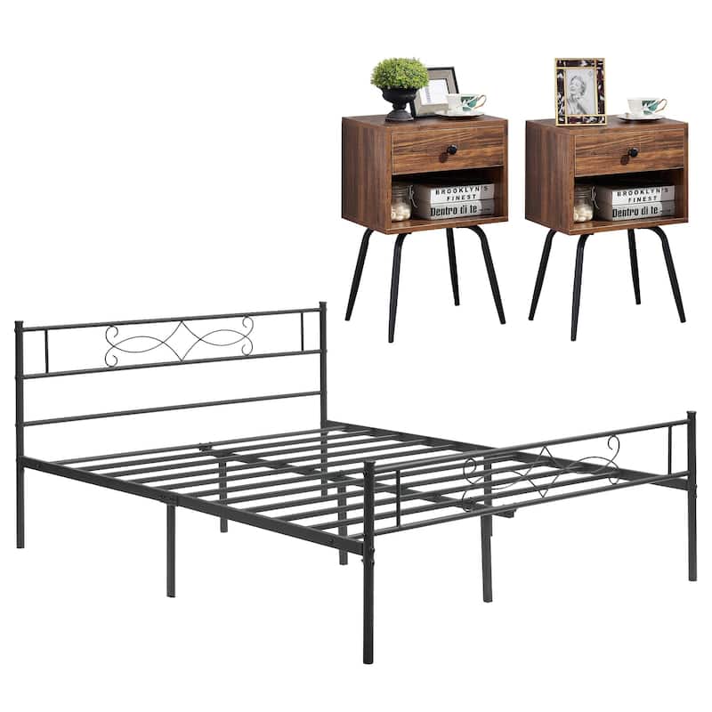 Taomika 3-pieces Bed Frame and Brown Nightstands Bedroom Sets - Full