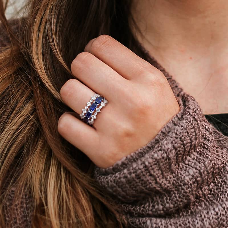 Miadora 6 4/5ct TGW Created Blue Sapphire and Created White Sapphire Three Row Ring in Sterling Silver