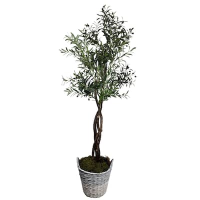 Handmade 6.5' Artificial Young Olive Tree in Farmhouse Basket - Cypress & Alabaster - Real, Eco-Friendly Home Décor - Green