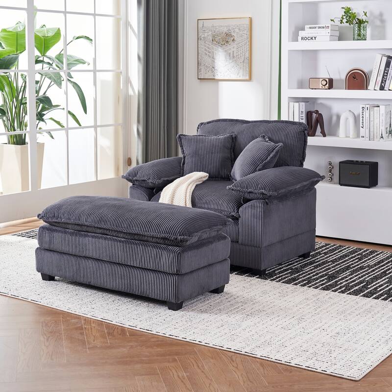 Corduroy Single Sofa Set with Ottoman & 2 Toss Pillows (Deep Seat)