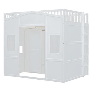 Full Size Wood House Loft Bed with Ladder and Wardrobe, White