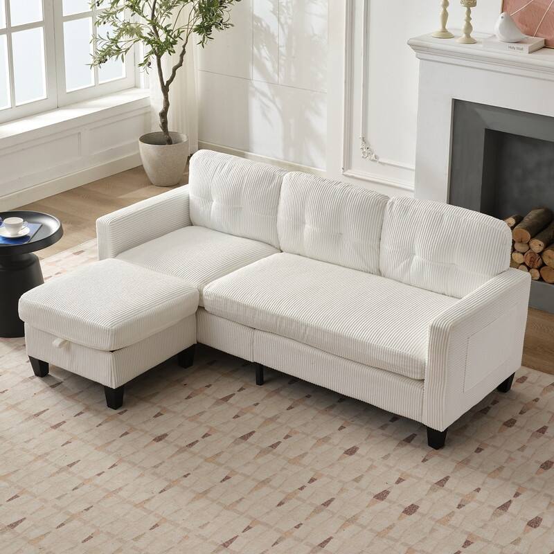 Mixoy 76'' L-Shaped Small Sofa Couch,3-Seater Corduroy Sectional Sofa with Storage Ottoman - Beige - 3-Seater