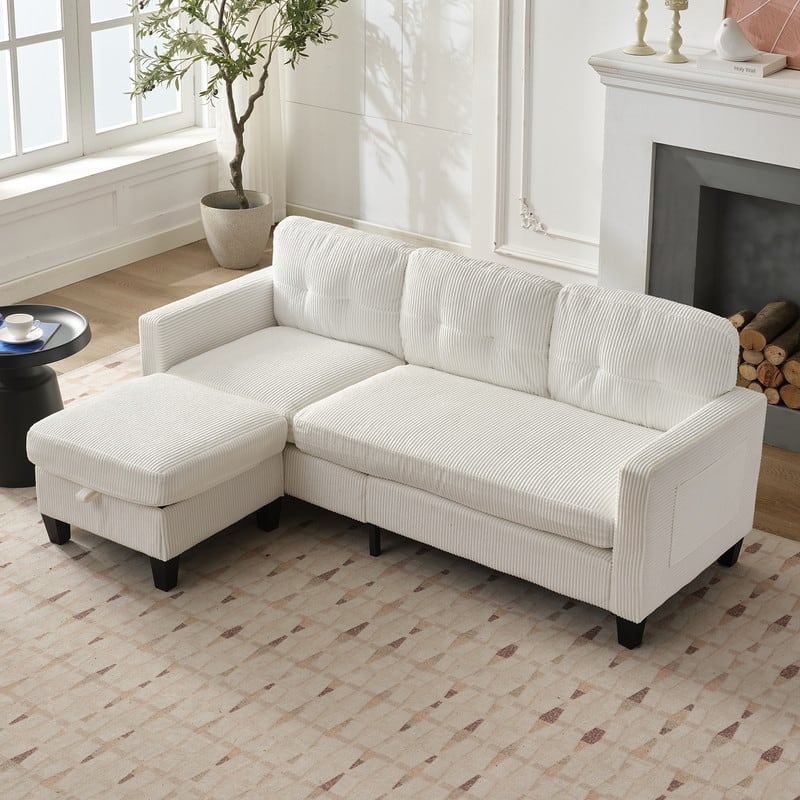 Mixoy 76'' L-Shaped Small Sofa Couch,3-Seater Corduroy Sectional Sofa with Storage Ottoman
