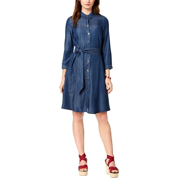 14, Blue Tommy Hilfiger Womens Sleeveless Pleated A-Line Chambray Dress