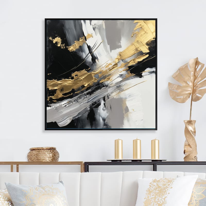 Designart "Golden River Wildness Abstract Gold And Black" Abstract Painting Framed Wall Art Living Room - 36 in. wide x 36 in. high - Black