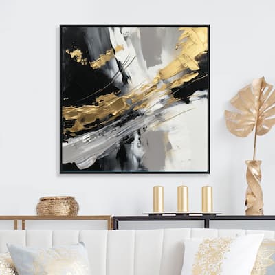 Designart "Golden River Wildness Abstract Gold And Black" Abstract Painting Framed Wall Art Living Room
