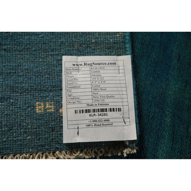 Teal Blue Gabbeh Square Oriental Rug Handmade Wool Carpet - 4'0" x 4'5"