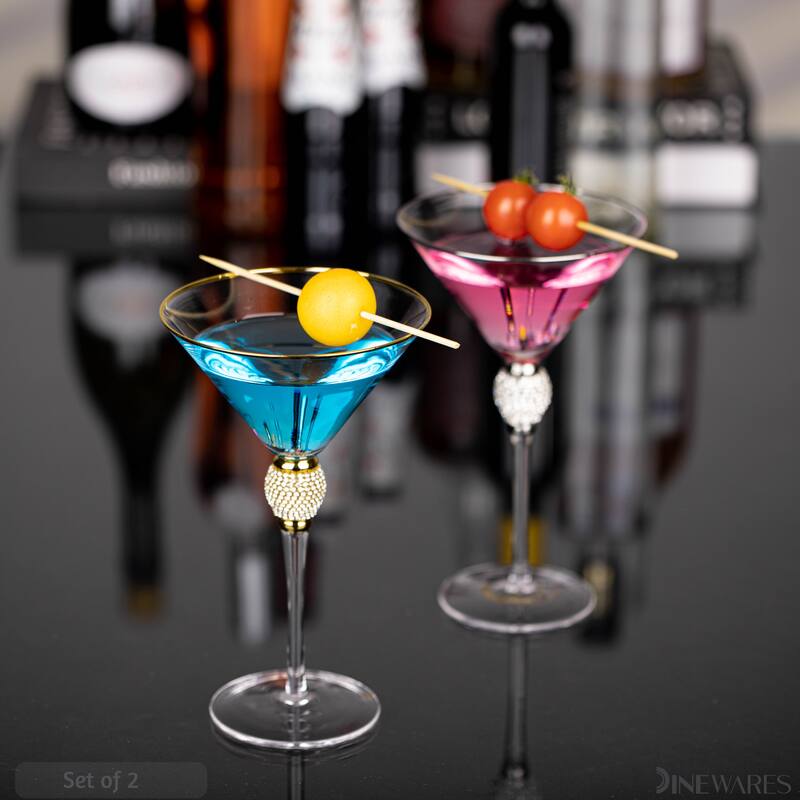 Premium Clear Stem Crystal Martini Glasses with Rim and Diamond-like Rhinestones, Elegant 10oz Glassware Set for Cosmopolitan