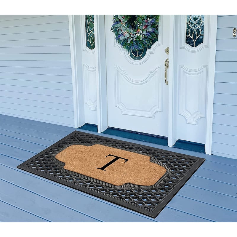 A1HC Mesh Border Rubber and Coir Large Heavy-Duty Outdoor Monogrammed Doormat, 23"X38" Black