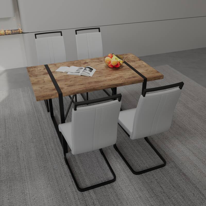 Modern 5-Piece Dining Set with Dark MDF Rectangular Table & 4 High Back Black Metal Legs Chairs