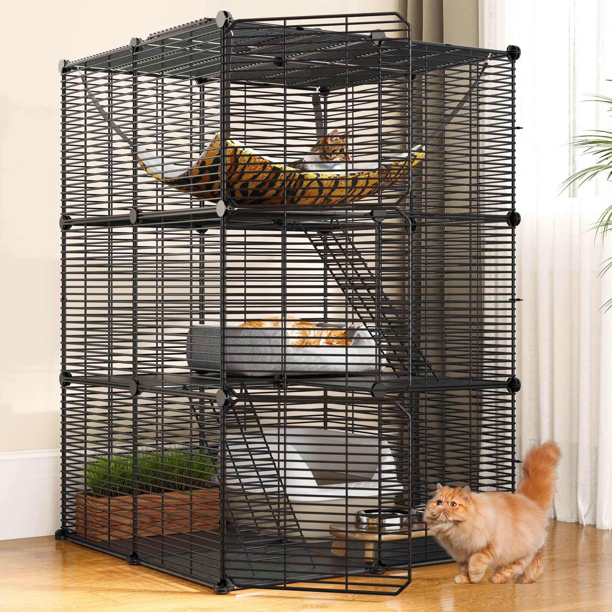 Cat Cage Indoor Cat Enclosures DIY Cat Playpen Metal Kennel with Extra Large Hammock for 1 2 Cats Ferret Small Animals
