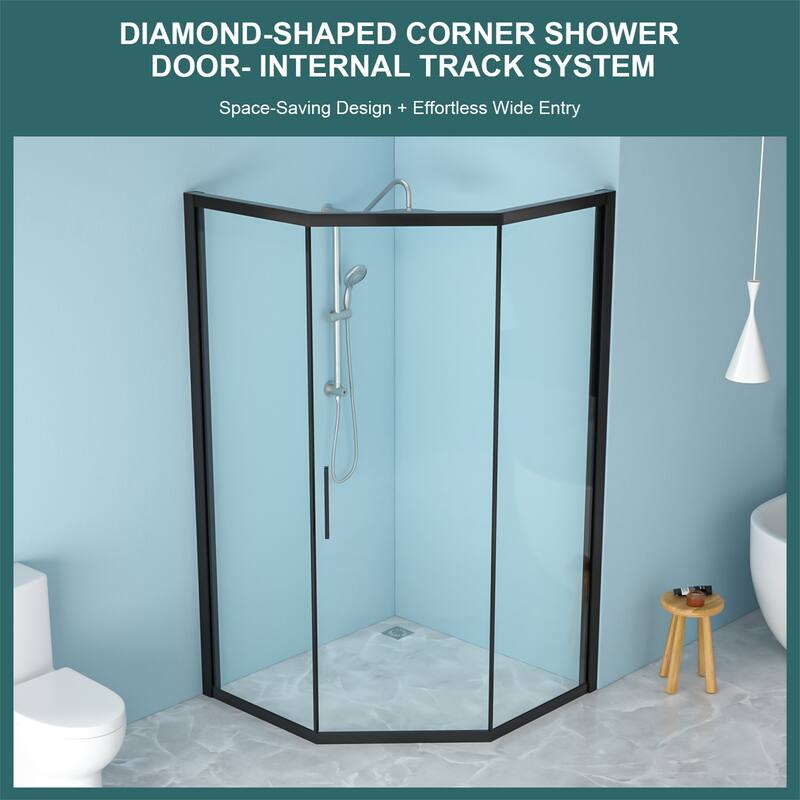 Diamond-shaped Corner Shower Door, Stainless Steel Frame & Handles