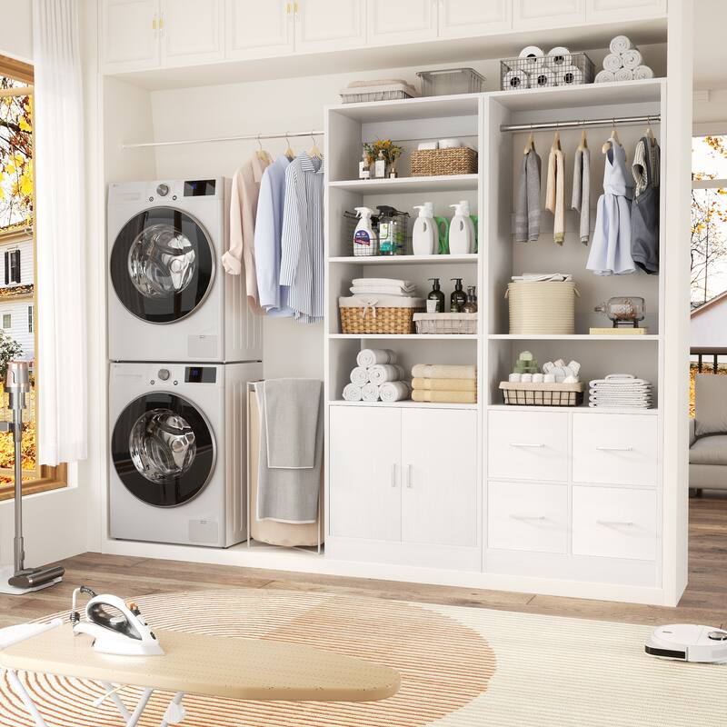 Rackcog Set of 2 Closet Organizer with Cabinet and Drawers, Closet System with Adjustable Hanging Rods and Shelves
