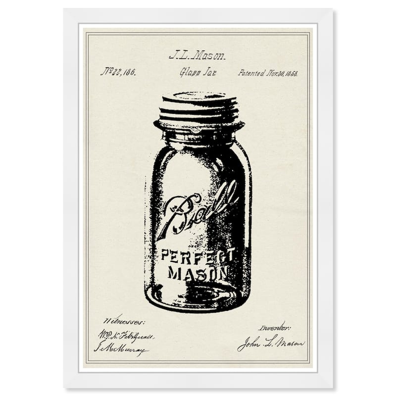 Wynwood Studio Prints Food and Cuisine Mason Glass Jar Patent 1 Black and Antique White Farmhouse Wall Art Canvas Print