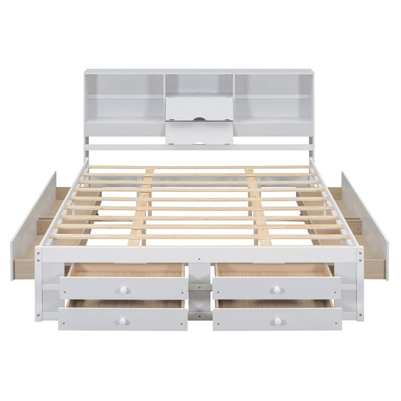 Queen Size Platform Bed with Storage Headboard and 8 Drawers