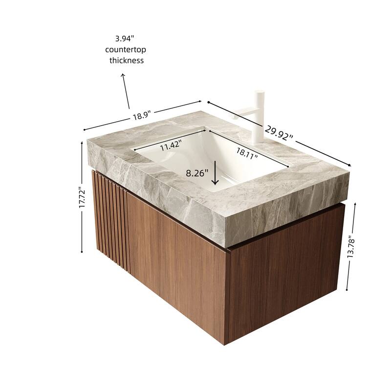 30"/36"/48" Wall-Mounted Bathroom Vanity with Ceramic Sink, Sintered Stone Countertop Floating Bathroom Storage Cabinet