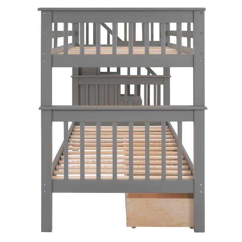 Multi-Functional Twin Over Twin Bunk Bed with 3 Drawers, Storage Stairs, Armrest and Full-Length Guardrails for Kids