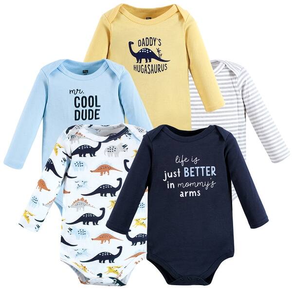 slide 1 of 1, Hudson Baby Infant Boy Cotton Long-Sleeve Bodysuits, Hugasaurus 0-3 Months - Hugasaurus 5-Pack