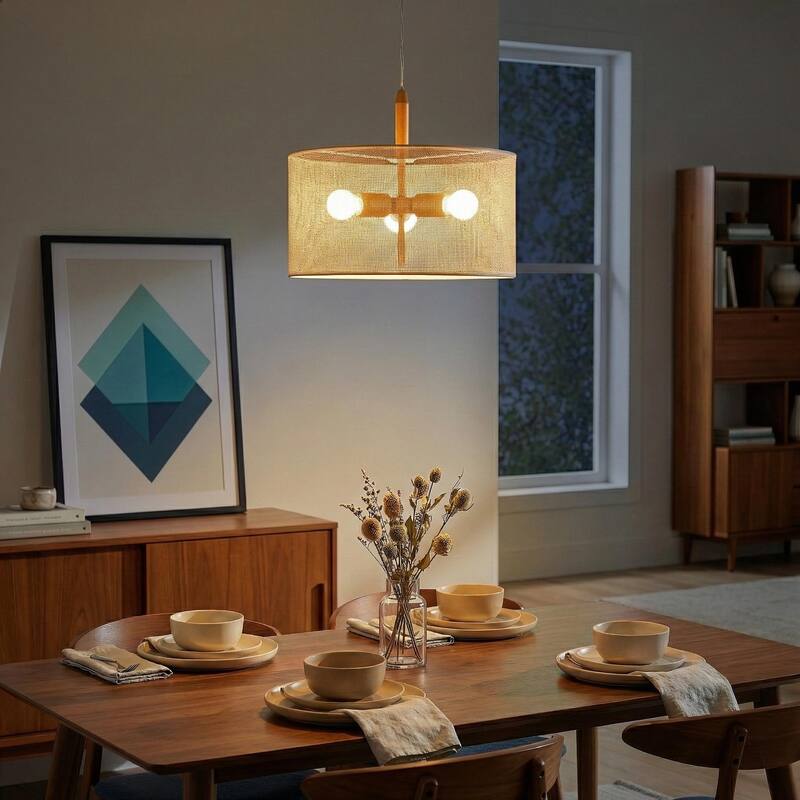 Choi Natural Woven Drum Pendant Light with Wooden Accents - Gold