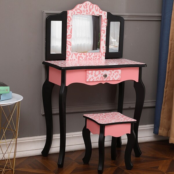 Three Fold Mirror Single Drawer Kids Dresser Red Leopard Print
