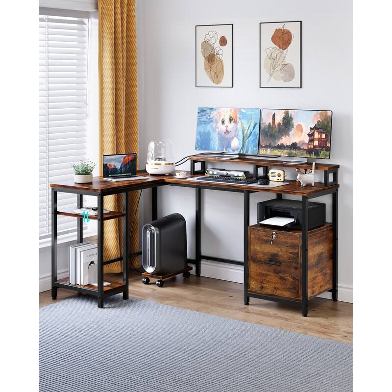 67" L Shaped Gaming Desk with Power Outlets and 2 Monitor Stands - Brown