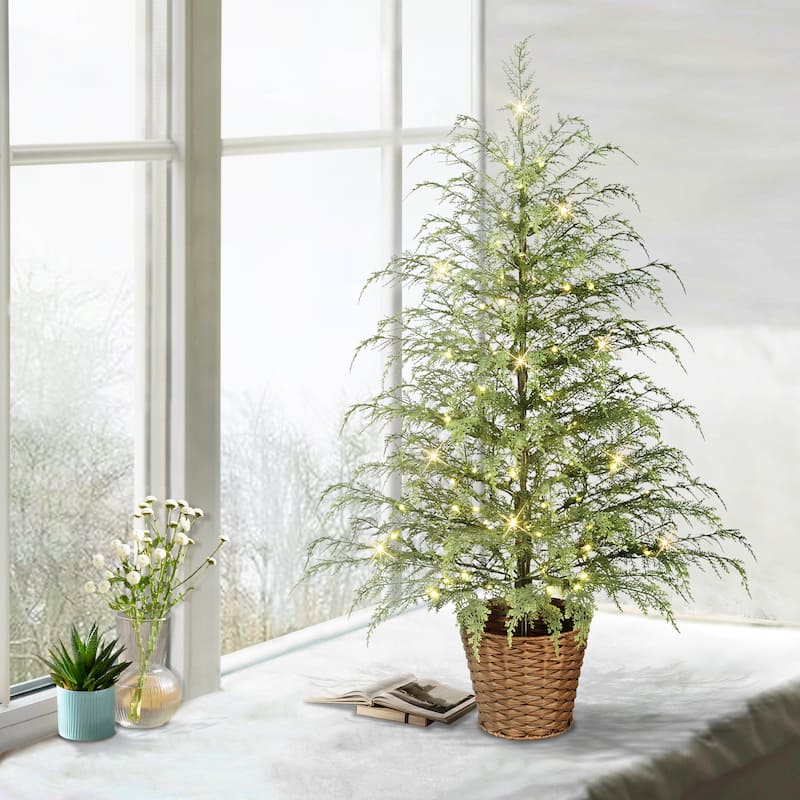 Puleo International 4 ft. Pre-Lit Potted Mountain Cedar Artificial Christmas Tree