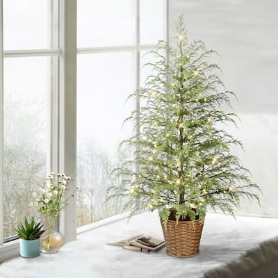 Puleo International 4 ft. Pre-Lit Potted Mountain Cedar Artificial Christmas Tree