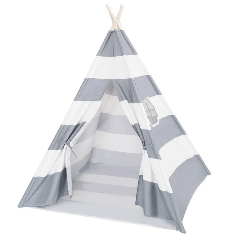 Natural Cotton Canvas Teepee Tent for Kids Indoor & Outdoor Use - GreyWideStripe_2pc
