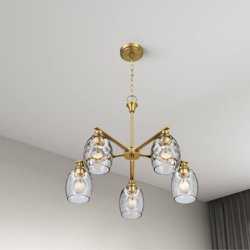Emar Gold Brass 5-Light Chandelier with Clear Water Glass Shades - Gold
