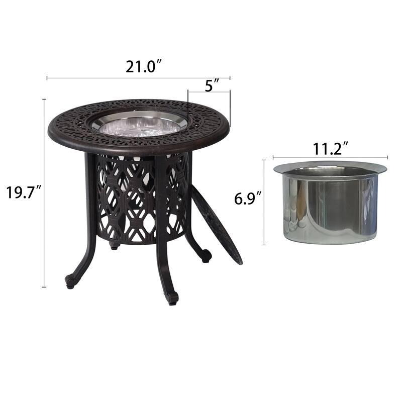 Patio Aluminum Side Table w/ Food Grade 304 Stainless Steel Ice Bucket - 21"Round-Ice-Bucket
