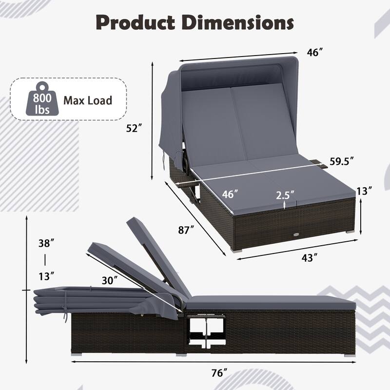 Gymax 2-person Rattan Lounge Bed w/ Retractable Canopy 5-position